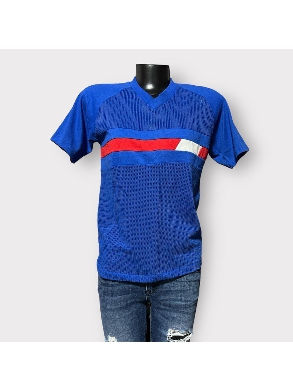 Vintage 80s Cotton Mesh Beach Tee Shirt Boys XL 18/20 Womens Small Medium Blue